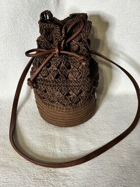 Woven Drawstring Bucket Roxy Bag in Dark Brown